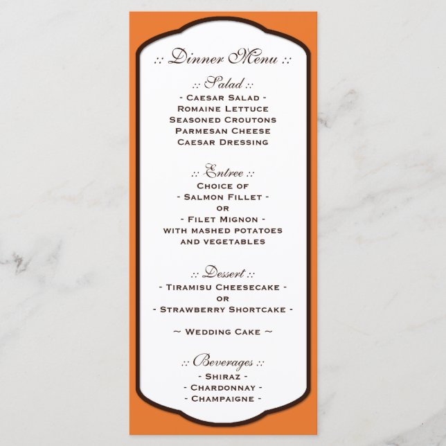 Menus de Recepção de casamento Laranja e Branco (Frente)
