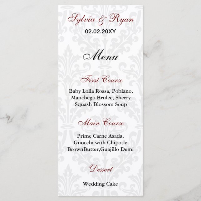 Menus do casamento tema damasco (Frente)