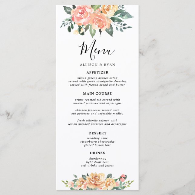 Menus Dourados Elegantes e Florais Peach (Frente)