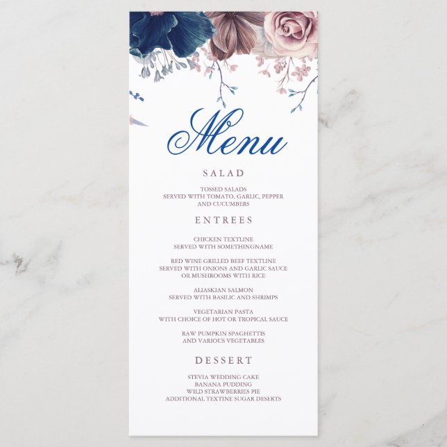 Menus marinhos Azul e Mauve Floral Moderno de Casa (Frente)