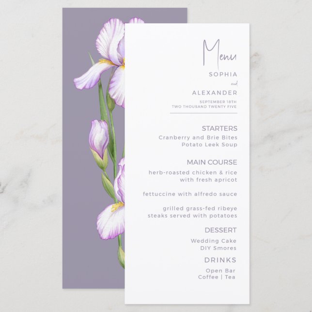 Menus para um casamento moderno. (Frente/Verso)