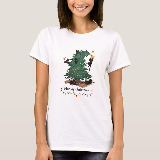Meowy Christmas Funny Cat Tree Chaos T-Shirt (Frente)