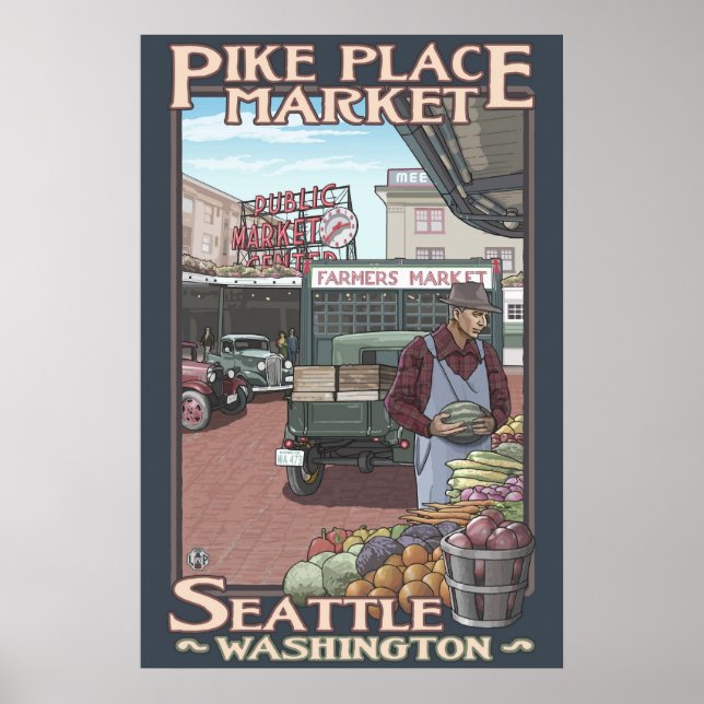 Mercado Pike Place - Seattle, Poster de viagens WA (Frente)