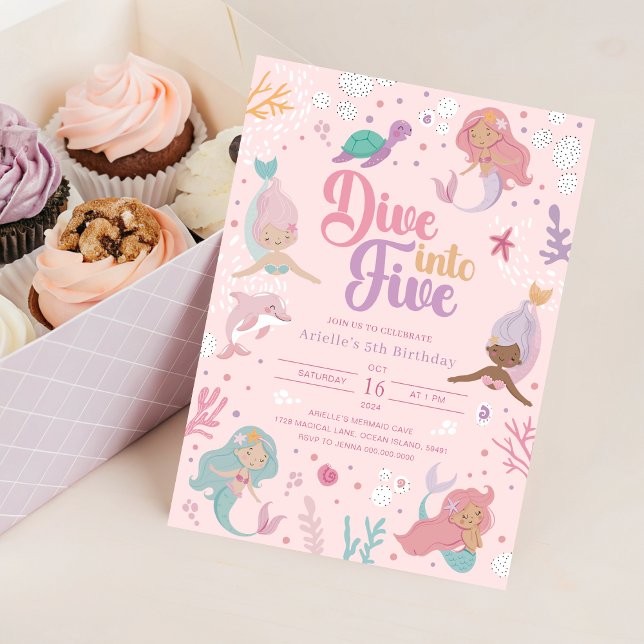 Mergulhe Em Cinco Convite de Sereia - Menina Rosa  (Dive Into Five Mermaid Invitation - Pink Girl 5th
)