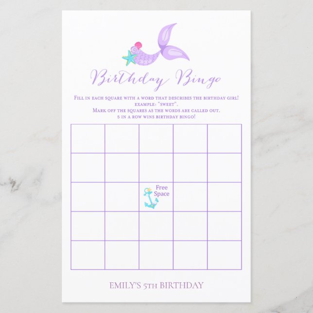 Mermaid Birthday Bingo (Frente)
