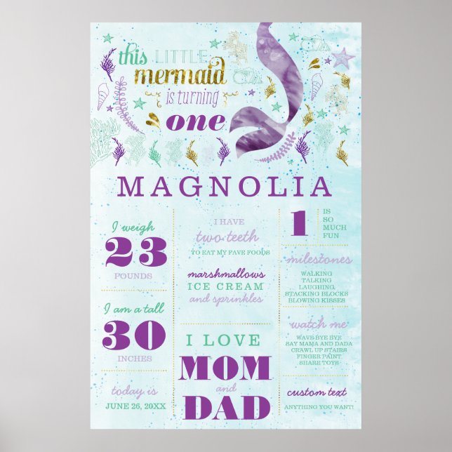 Mermaid Birthday Stats Milestone Poster (Frente)