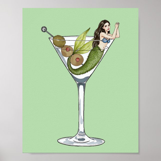 Mermaid Dirty Martini Watercolor Art Impressão (Frente)