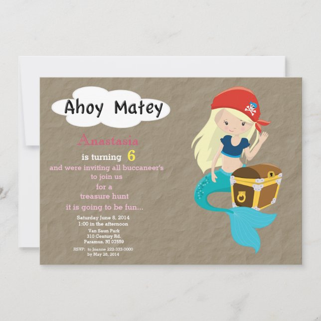 Mermaid Pirate Treasure Hunt Convite de Aniversári (Frente)