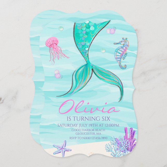 Mermaid Tail Sob Convite De Aniversário Do Mar (Frente/Verso)