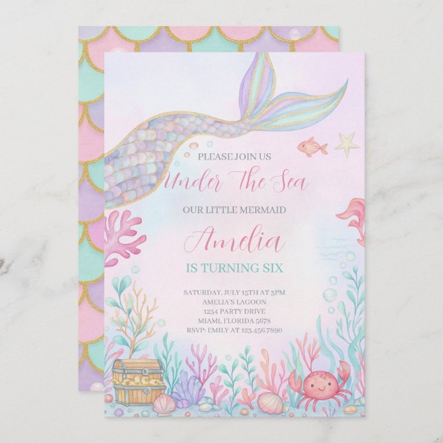 Mermaid Tail Sob O Convite De Aniversário Do Mar (Frente/Verso)