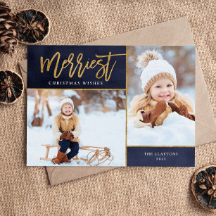 Merriest Faux Foil 2 Photo Magnetic Christmas Card