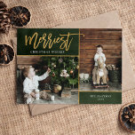 Merriest Faux Foil 2 Photo Magnetic Christmas Card<br><div class="desc">cartões com fotos magnéticos impressos por barato com modelos simples para personalização. Este elegante design neutro apresenta uma falso borda de folha de ouro em torno de um layout de colagem de duas fotos. O texto moderno do roteiro de caligrafia diz o melhor desejo de Natal. Personalize-o com suas fotos,...</div>