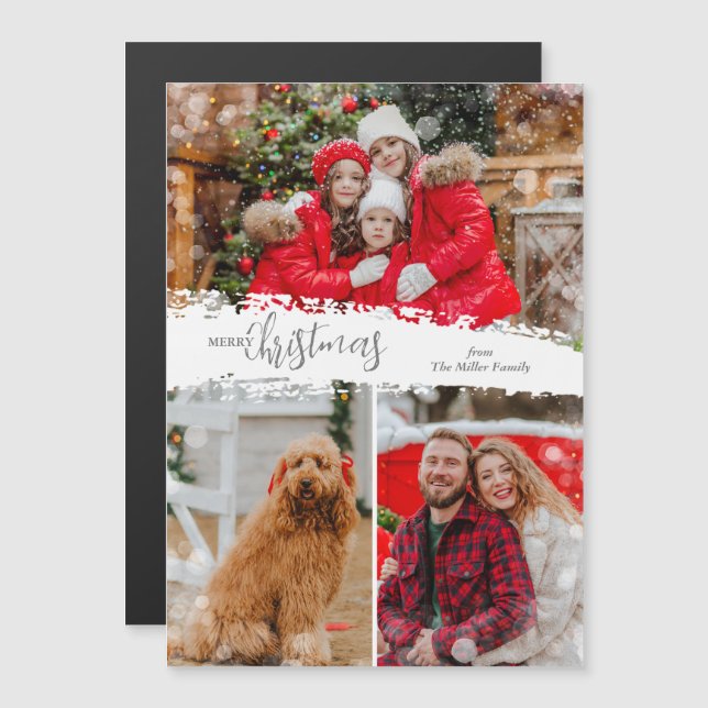 Merry Christmas 3 Photo Magnetic Holiday Card (Frente/Verso)
