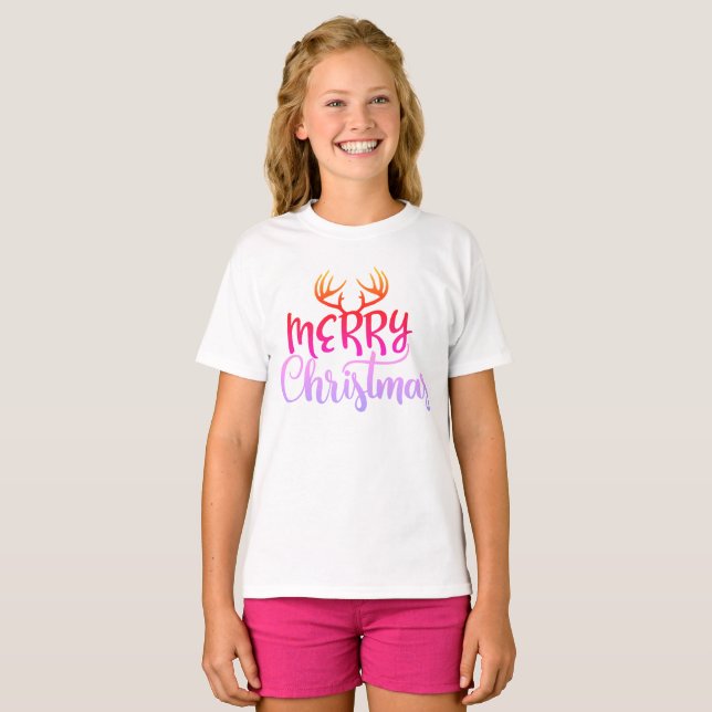 Merry Christmas Antler T-Shirt for Girls (Frente Completa)