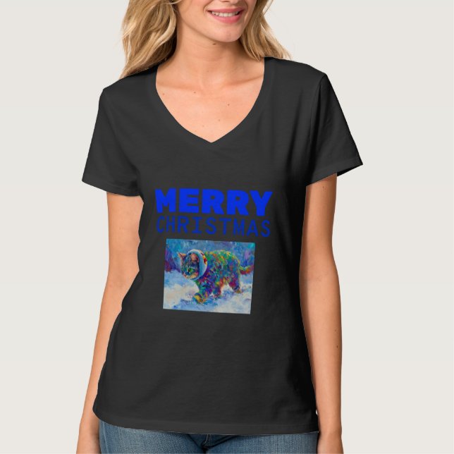 'Merry Christmas' Colorful Cat Holiday T-Shirt (Frente)