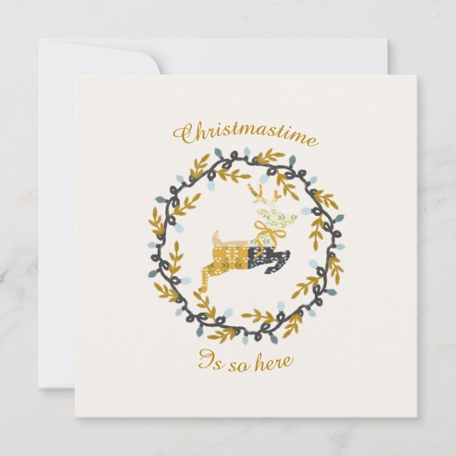 Merry Christmas Deer Yellow Cream Flat Card        (Frente)