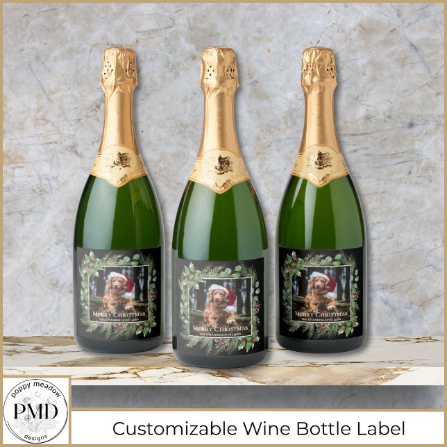 Merry Christmas Pet Photo Wreath Botanical (Merry Christmas Photo Wreath Botanical Sparkling Wine Bottle Label with Your Photo, Name, Year.)