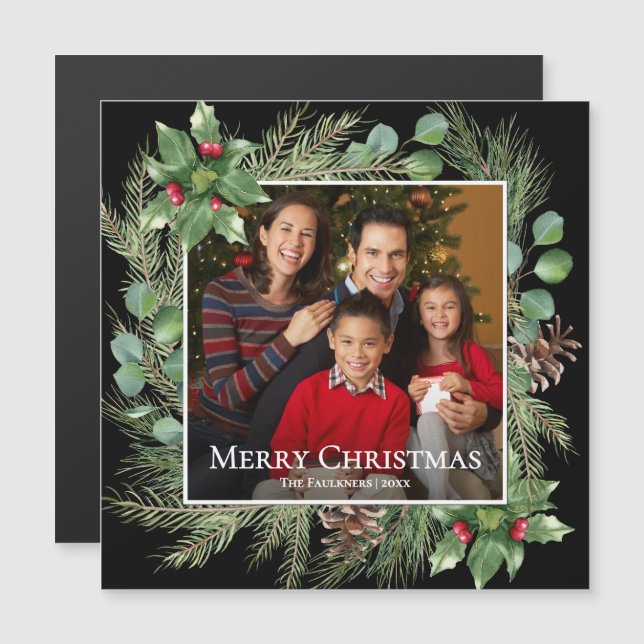 Merry Christmas Photo Wreath Magnetic Card (Frente/Verso)
