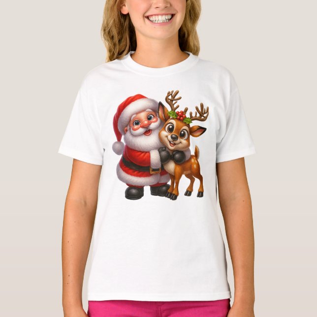 Merry Christmas Santa and Deer T-shirt (Frente)