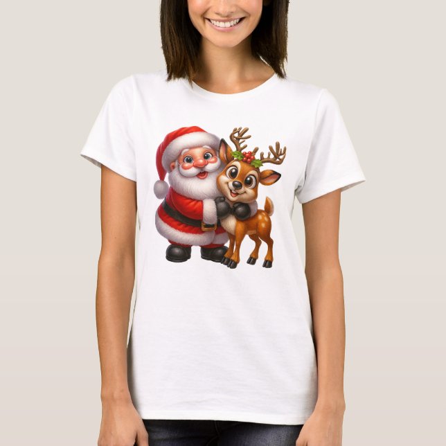 Merry Christmas Santa and Deer T-shirt (Frente)