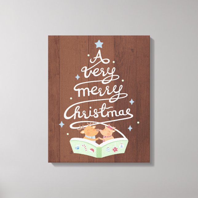 Merry Christmas Typografia Reindeers Canvas Print (Frente)