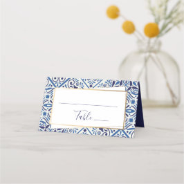 Mesa Azulejos azuis elegantes e cartão de lugar dourado