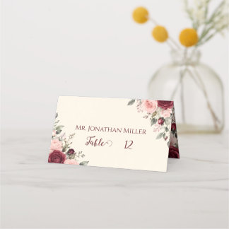 Mesa Burgundy & Blush Floral Rose Cartão de Lugares Dob