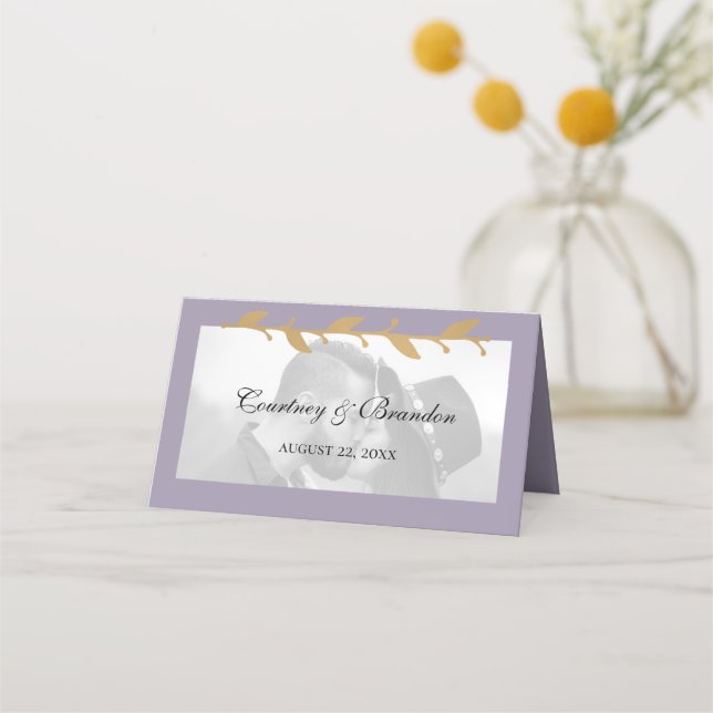 Mesa Cartão de Casamento com Folhas Douradas e Foto Mod (Frente)