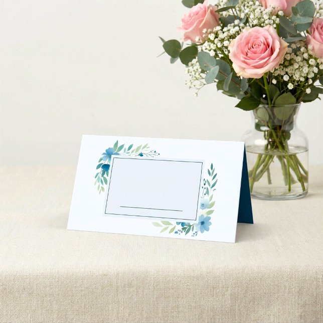 Mesa Cartão de Local com Nome Floral de Cores Azuis (Blue Watercolor Floral Name Place Card.)