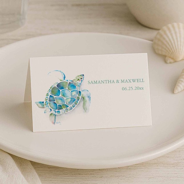 Mesa Cartão de Local de Casamento Costeiro de Praia Wat (Classy beach wedding escort cards with watercolor sea turtle art by Victoria Grigaliunas)