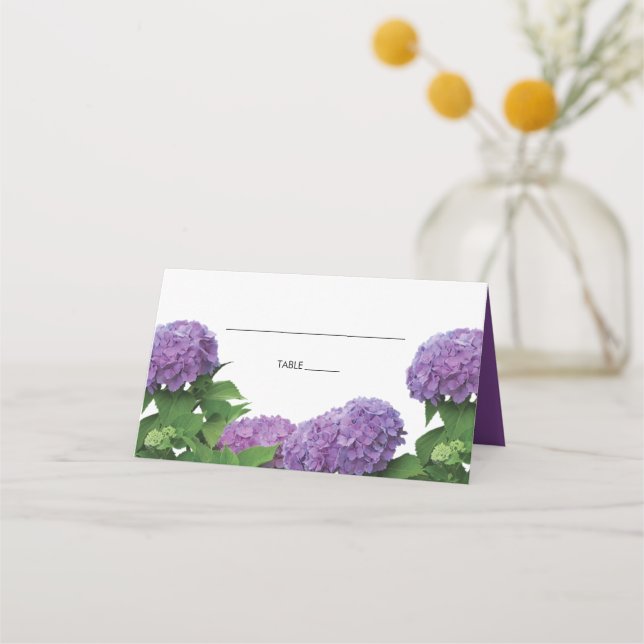 Mesa Cartão de Local de Casamento de Hydrangea Roxo Ele (Frente)