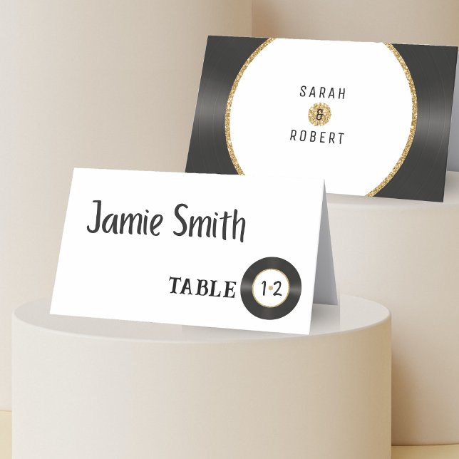 Mesa Cartão De Local De Casamento De Vinil De Registro  (Retro Gold Glitter Vinyl Record Wedding Place Card
)