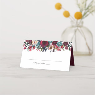 Mesa Cartão de Local de Casamento Floral Vermelho Burgu