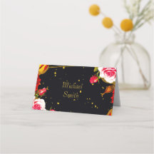 Cartão de Local de Casamento Preto Floral Dourado