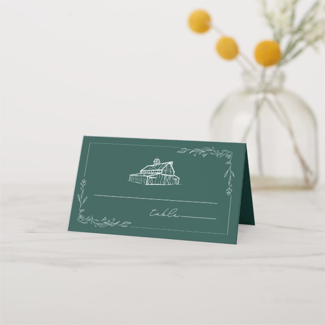 Mesa Cartão de Local de Casamento Rustic Barn Emerald (Frente)