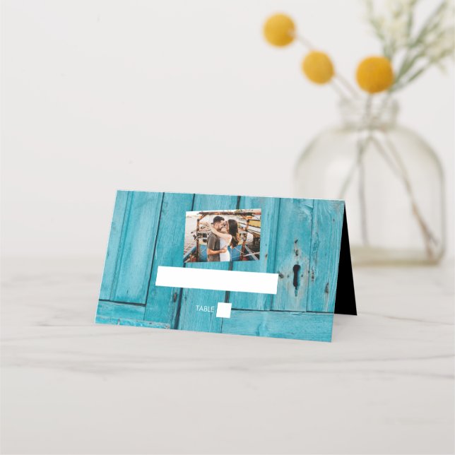 Mesa Cartão de Local de Foto para Casamento Rustic Blue (Frente)