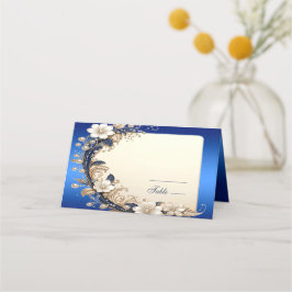 Mesa Cartão de lugar com enfeite floral branco azul