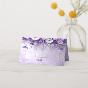 Mesa Cartão de lugar com flores roxas e pérolas pendent