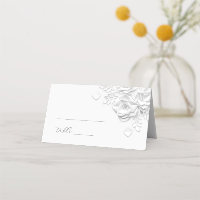 Mesa Cartão de lugar de casamento com flores 3D brancas (Frente)