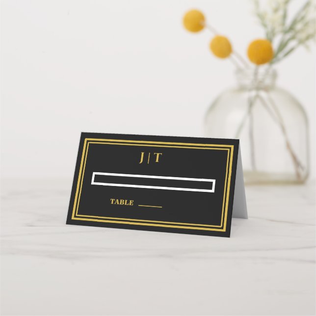 Mesa Cartão de lugar de casamento com monograma preto e (Frente)