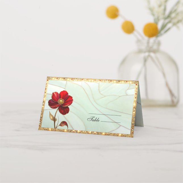 Mesa Cartão de lugar de flor vermelha de vitral (Frente)