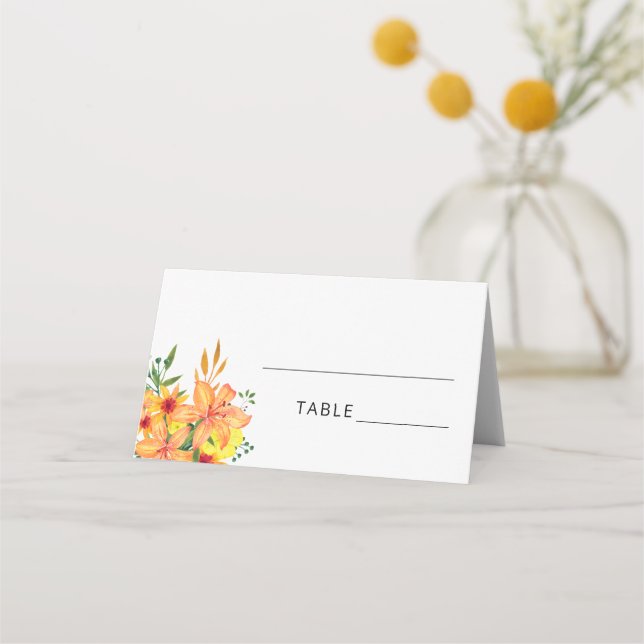 Mesa Cartão de lugar de flores laranja aquarela (Frente)