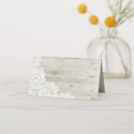 Mesa Cartão de lugar dobrado Shabby Wood e Lace Wedding