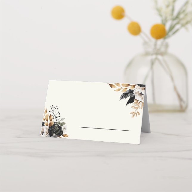 Mesa Cartão de lugar floral de luxo preto e dourado (Frente)