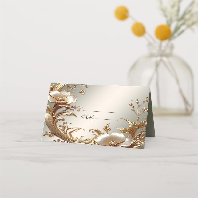 Mesa Cartão de lugar floral dourado (Frente)