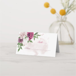 Mesa cartão de lugar floral rosa malva branco