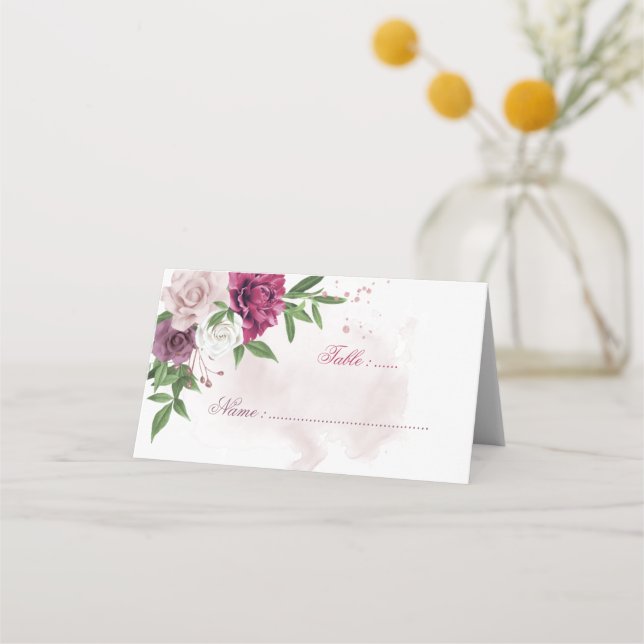 Mesa cartão de lugar floral rosa malva branco (Frente)