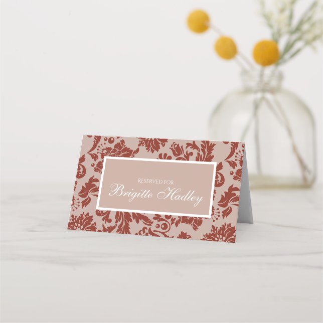Mesa Cartão de lugar personalizado Burgundy damask (Frente)