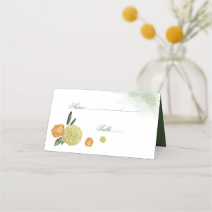 Mesa cartão de lugar verde de flores laranja amarelas