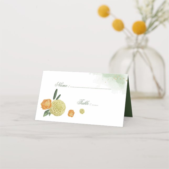 Mesa cartão de lugar verde de flores laranja amarelas l (Frente)